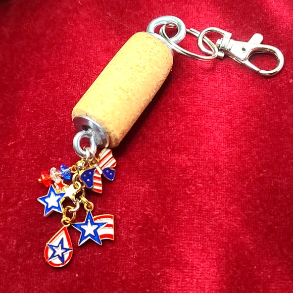 PATRIOTIC Wine Cork Key Chain - Purse Charm - Upcycled - Picture 1 of 4